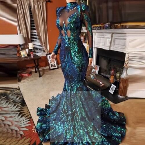 Long Sleeve High Neck Prom Dresses Emerald Green Lace Mermaid Evening Dress Formal Gowns 2021 Beaded vestido sirena largo
