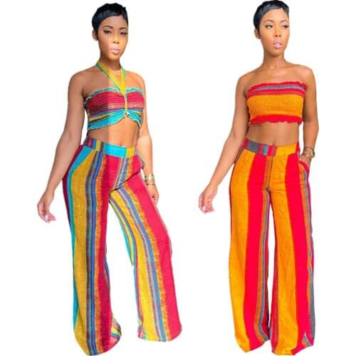 QY5075 wholesale items womens tube top high waisted bell bottom flare wide leg pants two piece set women clothing
