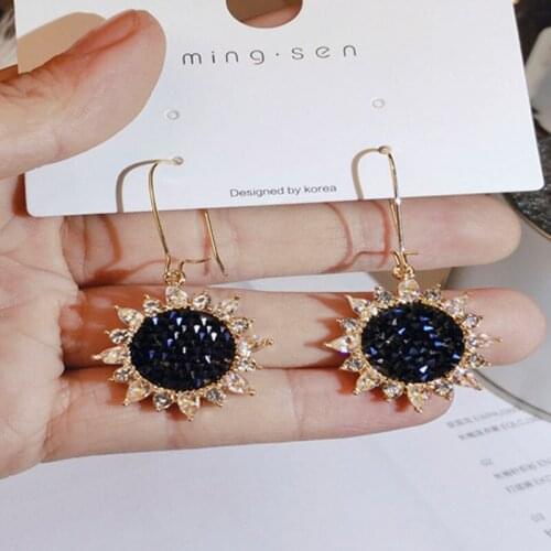 Sunflower Shape Full Crystal Hoop Earrings Flower Floral Black Rhinestone Zircon Wedding Bridal jewelry for Women Girl Party