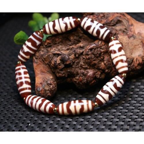 Treasure Powerful Tibetan Old Red Agate Double Tiger Tooth Tube dZi Bead Amulet Bracelet
