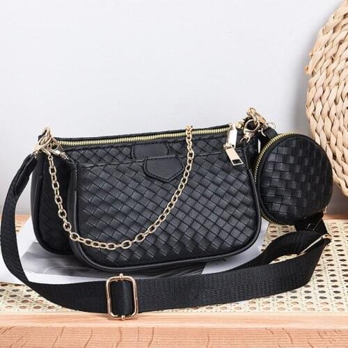 Retro Weaving Bag Fashion 3-IN-1 Messenger Bag For Women Pu Leather Crossbody Bag Female Designer Small Chain Shoulder Purse Sac