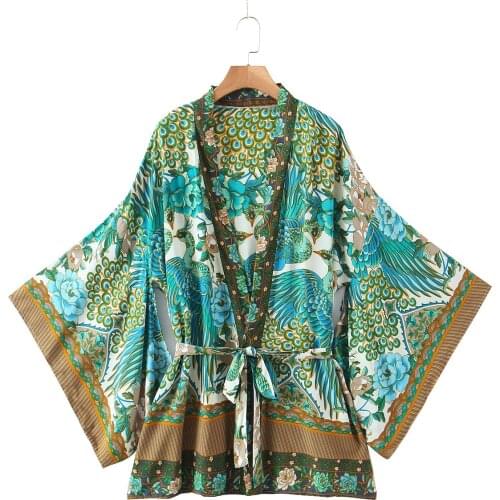 Super Chic green floral peacock bohemian summer dress for women mini belted wrap boho beach dress new sexy women dress 2021