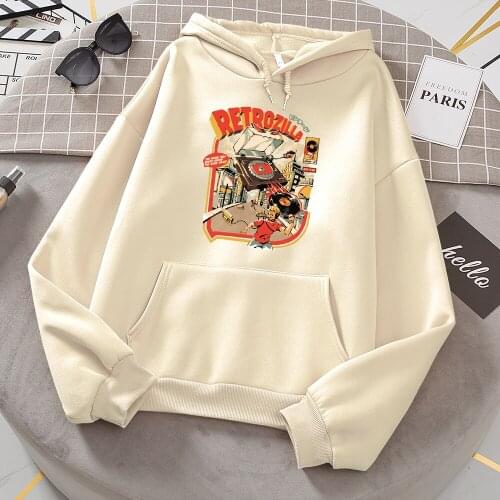 Betrozilla Boy With Record Print Hoodie Female Fashion Street Style Tops Crewneck Pullover Hooded Loose Casual Sweatshirt Women