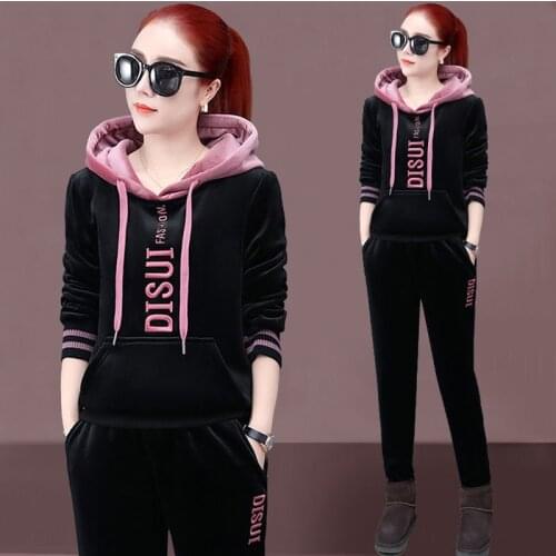 2021 Women Velvet Tracksuit Two Piece Set Plus velvet Suit Women Winter Fashion Long Sleeve Hoodies And Pants Female Clothes