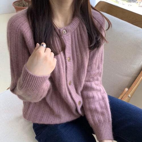 Womens Solid Color Retro Sweater Coat Lazy Style New Round Neck Loose Knitted Cardigan for Women Cardigan Knitted Cardigan