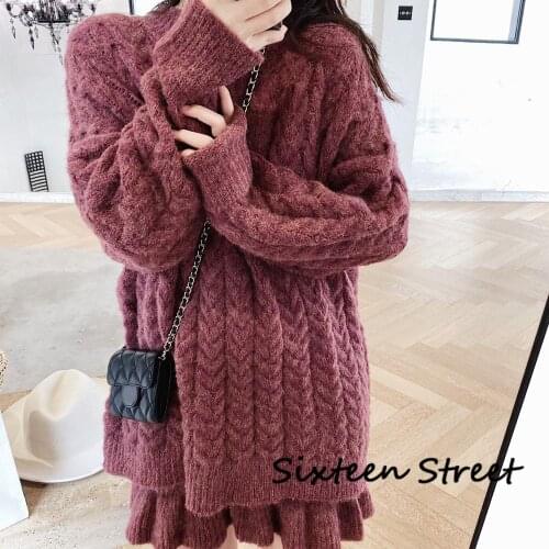 Oversized Thicken Wool Sweater and Mini Skirts Woman Knit 2 Piece Sets Twist Winter Autumn Korean Fashion Loose Womens Clothing