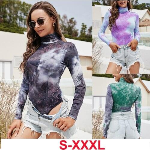 Womens Bodysuit Jumpsuit Overrall Body Tie Dye Long Sleeve Sexy Underwear Lingerie Thong Bodysuits Bodies High Neck Top Clothes