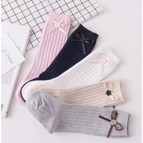 5pcs 1 to 3 years old baby combed cotton socks Bowknot buttons on their knee-high of the girls 11cm