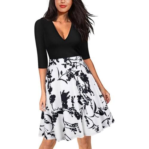 Free Shipping 2018 Autumn Womens V Neck A-Line Office Dress Vintage Floral Print Skater Dress 3SZ60009