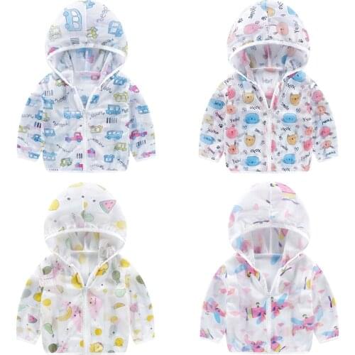 Children Hooded Jacket Sun Protection Clothing Summer Kids Thin Coat Cartoon Print Long Sleeve Cardigan Beach Outwear Clothes