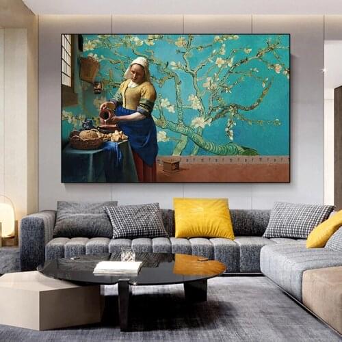 Classical Famous The Milkmaid Oil Painting on Canvas Wall Art Almond Blossom Flower Poster and Prints Home Decoration Picture