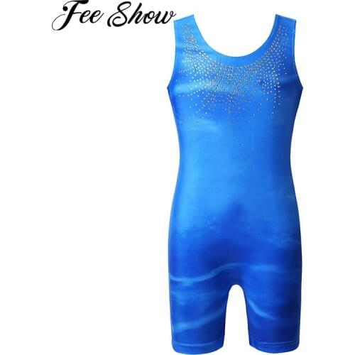 Kids Girls One Piece Sparkly Shiny Rhinestone Sleeveless Ballet Dance Gymnastics Leotard Jumpsuit Unitard