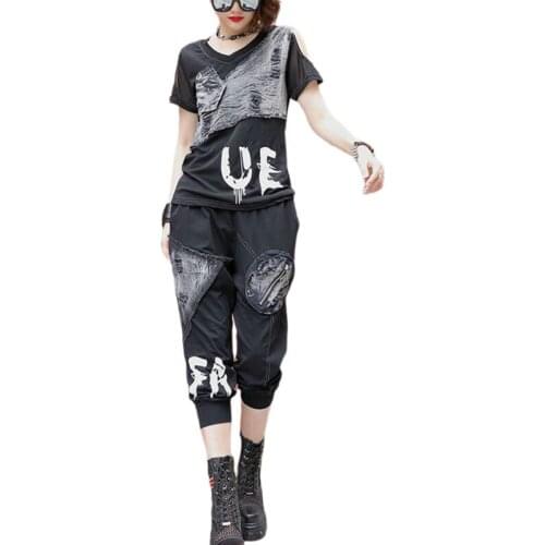 British 2021 Summer Two Pieces Sets Off Shoulder Ladies Tops and Harem Pants Women Patchwork Denim Outfits Sweatsuit Set XC629