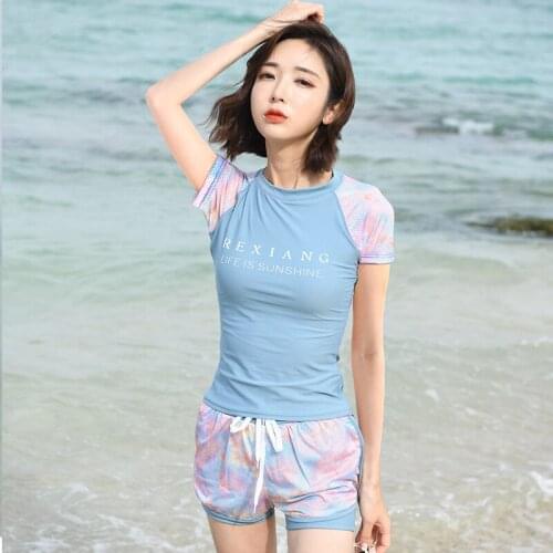 Bathing Suit Women T-shirt Skirt or Shorts Swimsuit for Women 2021 Korean Fashion Swimwear Nylon Fabric Beach Clothing Blue New