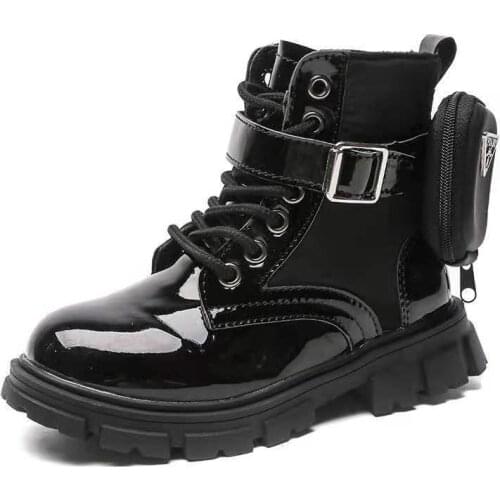 Patent Ieather Kids Boots Winter Children Fashion Ankle Boots Baby British Shoes For Girls Pocket Boots Toddler Warm Snow Boots