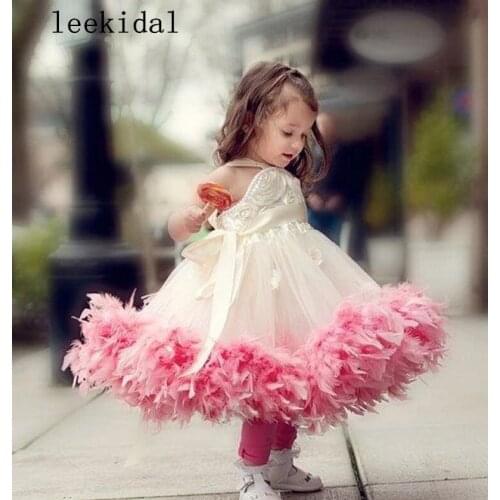 Cute Halter Feather Tutu Toddler Girls Pageant Dresses For Toddler Zipper Back Tea-length Flower Girl Dresses Vestido De Desfile