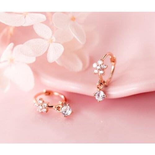 Cute Small 100% Authentic Real 100% 925 Sterling Silver Fine Jewelry five-petaled flowers CZ Drop Hoop Huggie Earrings