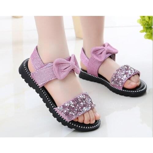 Bow sequin Size 26-37 black pink gold fashion brand designer summer new Korean girls sandals baby kids princess shoes