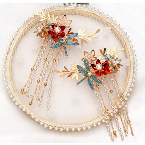 Fashionable Ancient Style Headwear Blue Dragonfly Metal Pearl Chain Long Tassel Branch Hairpin Ancient Costume Hair Accessories