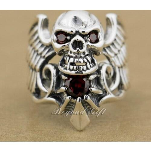 Devil Wing Skull Red CZ Stone 925 Sterling Silver Mens Biker Ring 9M013 US Size 7~13