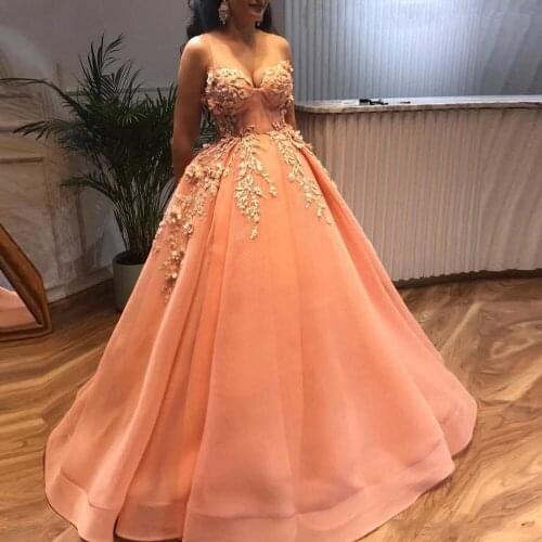 Orange Prom Dresses Long Appliques 3D Flower Beaded Prom Gowns Sweetheart Plus Size Ball Gown Arabic Robe de soiree