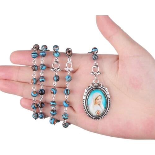 Natural Stone Rosary Bead Necklace Our Lady of Sorrows Heart Virgin Mary Pendant Necklace Religious Catholic Prayer Jewelry Gift