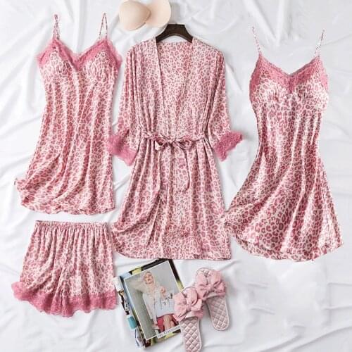 Sexy Pajamas Set Printed Leopard Lace Women Sleepwear Spring Summer Thin Silky Satin 4pcs Pijamas Suit Loose Rayon Home Clothes