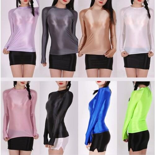 Transparent Women Glossy Long Sleeve Sports Top Gym Tight Sexy Glitter Workout Fitness Sportswear Running Gym Top Yoga Shirt