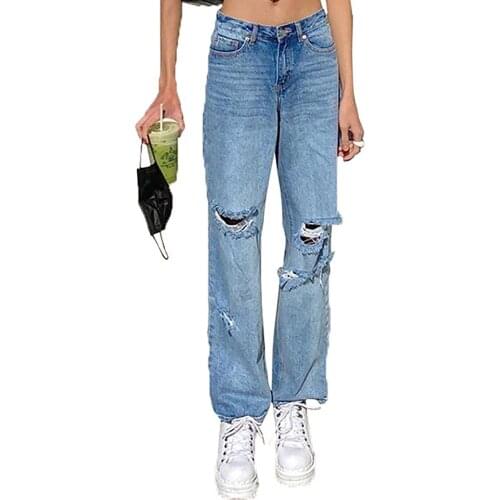 Ripped Jeans For Women Hollow Baggy Ripped Jeans High Waist Women Jeans Streetewear Loose Pocket Solid Color Denim Pants 2021