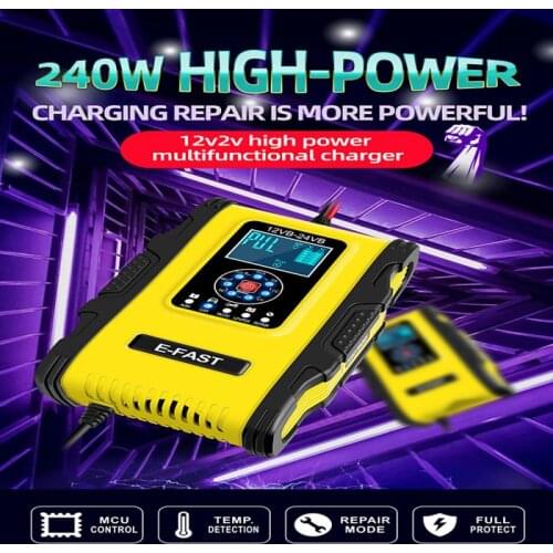 Universal 12V 24V Car Battery Chargers 12A 7-segment Smart Motorcycle Charger Lead-acid Storage Battery Charger Marquee Charger
