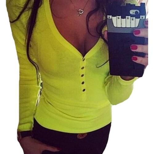 YSDNCHI Casual Fashion Sexy Tees Long-Sleeved Button V-Neck New Spring Women Slim Fit Shirts Green White Tops