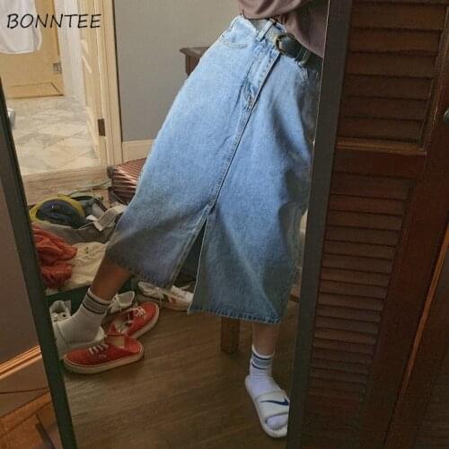 Skirts Women Denim Split Korean Style Girls High Waist Female Pockets Solid Summer Vintage Chic Graceful Slim All-match Fashion