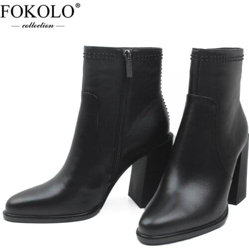 FOKOLO Womens Ankle Boots Pointed Toe Genuine Leather Fashion Commute Boots Winter Short Plush Lining Handmade Lady Shoes X13
