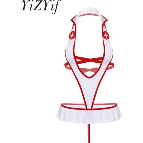 Women Nurse Uniform Role Play Lingerie Honeymoon Deep V Neck Lingerie Set One-piece Backless Lace-up Leotard Bodysuit & Headband