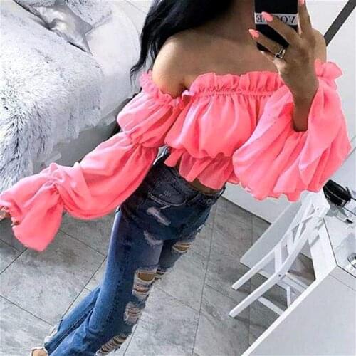 Off Shoulder Puff Sleeve Crop Tops Blouses Women Summer Long Sleeve Chiffon Casual Loose Blouse Shirts Beach Ladies Tops