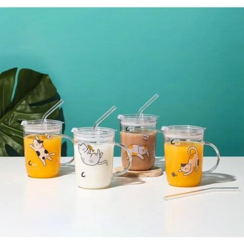 500ml Kawaii Cartoon Transparent Milk Cup Glass Juice Kids Water Bottle With Straw Leak Proof Cute Cat Coffee Tea Drinkware Mug