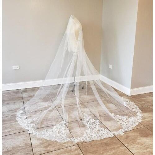 White Ivory Lace Cathedral Wedding Veil with Metal Comb, Embroidered Lace Bridal Veil, Single Tier Long Length Veil