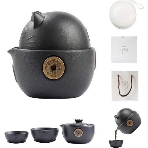 Cat Series Travel Portable Ceramic Tea Set, Anti-Scald Chinese Kung Fu Teapot with Travel Bag, Tea Pots and Tea Cups for Home