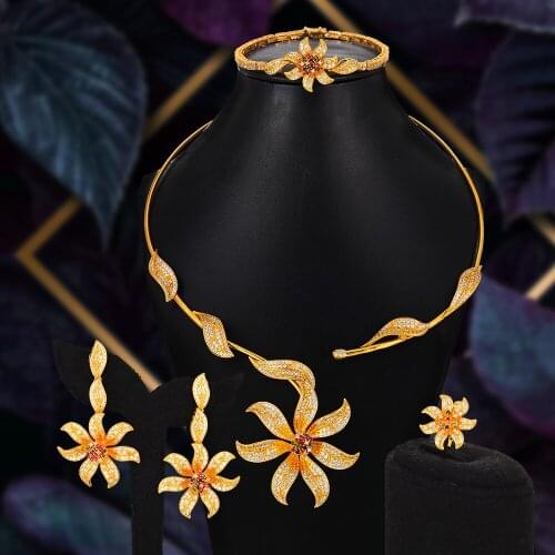 KellyBola High Quality Elegant 4PCS Luxury Flowers Necklace Bracelet Earring Ring Jewelry Set for Women Brides Wedding Jewellery