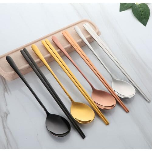 Korean Eco-friendly Metal Chopsticks Spoon Long Handle Cutlery Set Kids Outdoor Portable Picnic Tableware Set Stocked Chopstick
