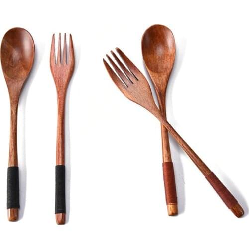 A Set Wooden Spoon & Fork Natural Wood Soup Spoons Long Handle Coffee Ice Cream Teaspoon Kitchen Accessories Sets