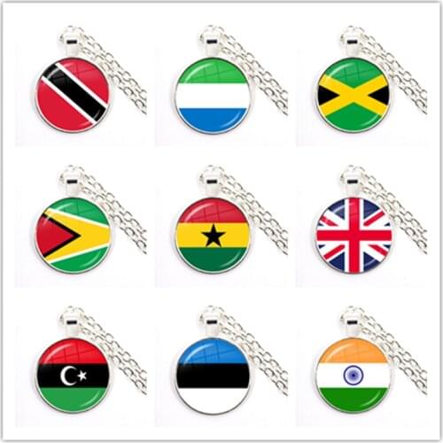 Trinidad,Sierra leone,Jamaica,Guyana,Ghana,UK,Libya,Estonia,India National Flag 25mm Glass Cabochon Pendant Necklace For Women
