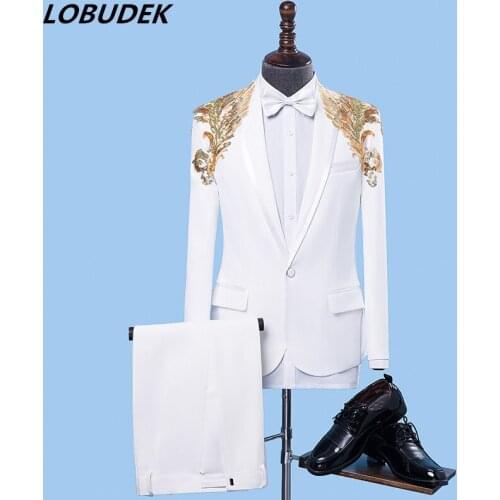 Jacket+pants) Formal male suit dresses Sequins Blazers set Teams Chorus costume Host stage performance outfit singer Party show