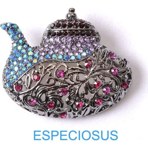 Exaggerated Jewelry Rhinestone Brooch Hallow Teapot Mix Color Lady Gifts Ornament Black Laquer Plated Alloy Breast pin Garments