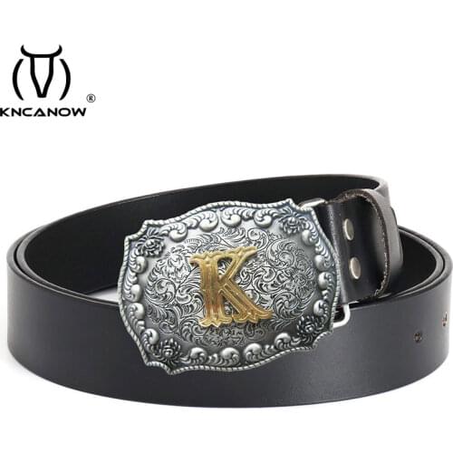 Black Fashion Designer Belts K Letter Casual Genuine Leather Belt For Men Cowboy Leisure Cowskin Strap Metal Buckle Waistband