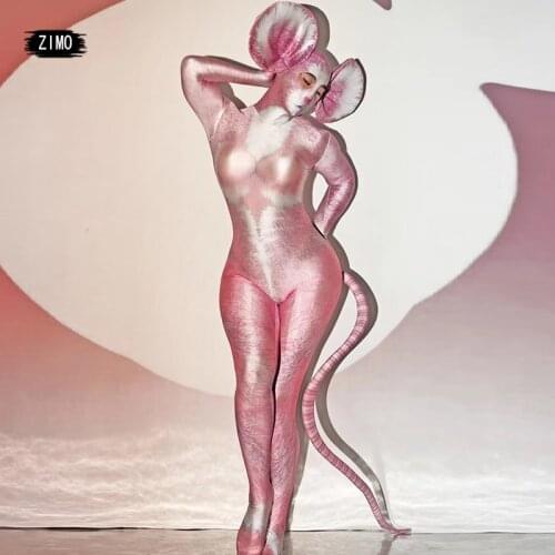 Pink mouse printed onesie for men women stage performance bar concert DJ singer dancer outfit rave festival Performance Costume
