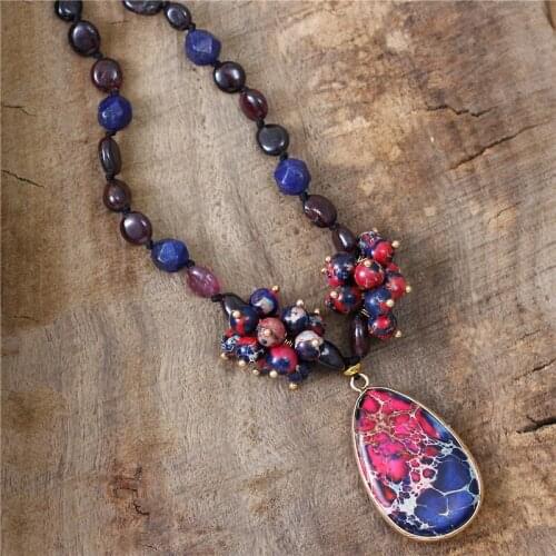 Handmade Chic Women Layering Garnet Lapis Lazuli Beaded Teardrop Pendant Necklace Bohemian Lariat Yoga Long Jewelry Dropshipping