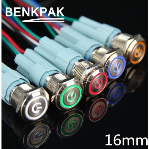 3v 5V 12V 24V 220V Self locking Metal push button switch with light 16mm flat head self-reset Momentary