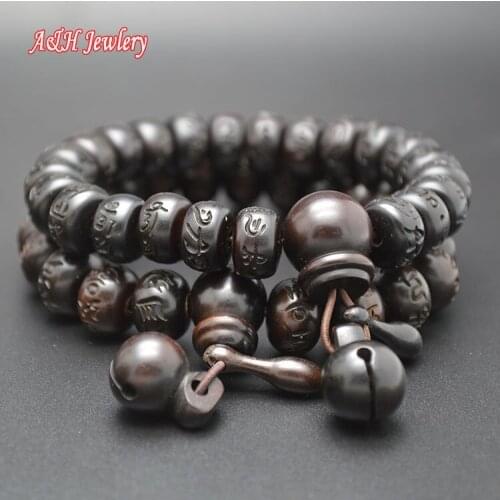 Tibetan Ancient Mala Prayer Jewelry Six Words Carved Wood Bracelet Round Beads For Devout Men Jewelry 5pc/lot
