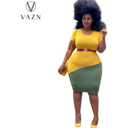 VAZN 2021 Hot Popular Patchwork Elegant Office Lady Plus Size Sexy Soft Short Sleeve High Waist Womens Thin Midi Dress